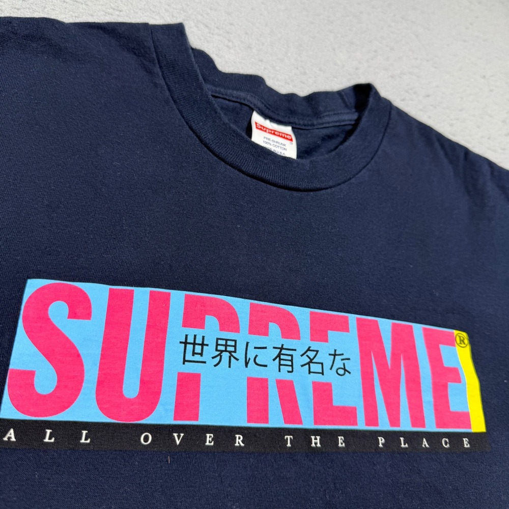 Supreme All Over The Place Japanese Text Navy Blue Graphic T-Shirt Mens Large